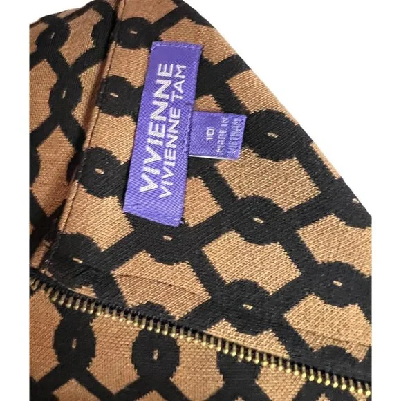 Vivienne Tam Geometric Print Black & Tan Dress With 3/4 Sleeves Size 10 Vintage - Picture 4 of 4